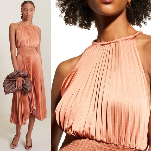 ALC Copper Satin Pleated Sleeveless Halter Smocked Waist Asymmetrical Hem Gown 2 - Picture 13 of 16